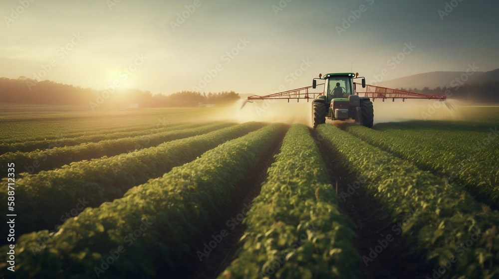 Tractor Spraying Pesticides on Green Soybean Plantation at Sunset. Generative AI Tractor Spraying Pesticides on Green Soybean Plantation at Sunset. Generative AI