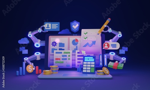 Accounting automation and automatic finance software 3D illustration concept. Company financial work optimization with effective AI tools for audit, payments and business analysis. Machine for data.