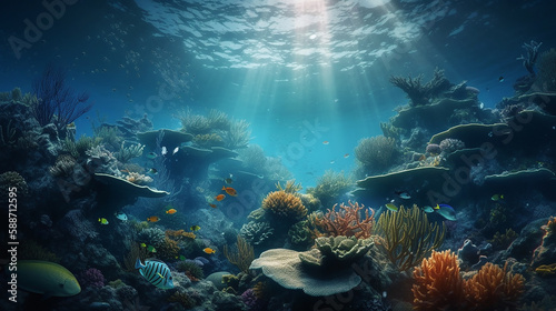Under Water Scene With Coral Reef And Exotic  Fishes tropical And Sunshine  Generative AI  illustration
