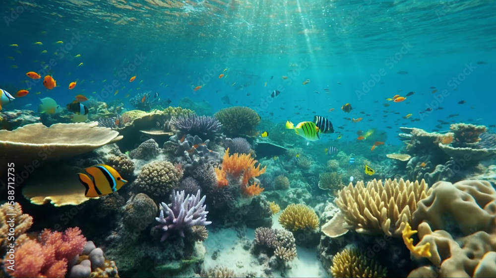 Under Water Scene With Coral Reef And Exotic, Fishes tropical And Sunshine ,Generative AI, illustration Under Water Scene With Coral Reef And Exotic, Fishes tropical And Sunshine ,Generative AI, illustration