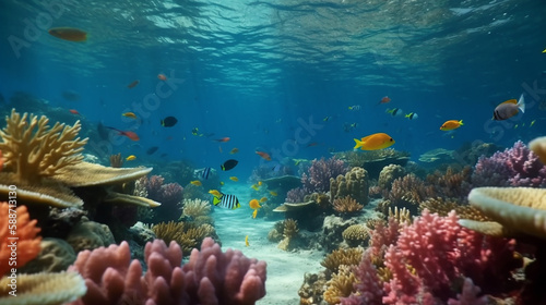 Under Water Scene With Coral Reef And Exotic, Fishes tropical And Sunshine ,Generative AI, illustration