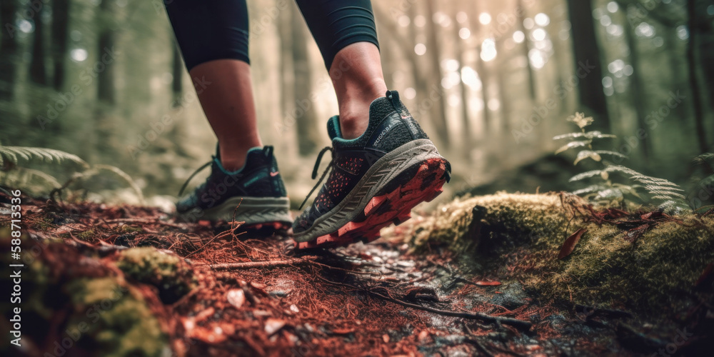 Lady trail runner walking on forest path with close up of trail running shoes. The runner in motion, with one foot lifted off the ground and the other firmly planted on the forest path. Generative AI