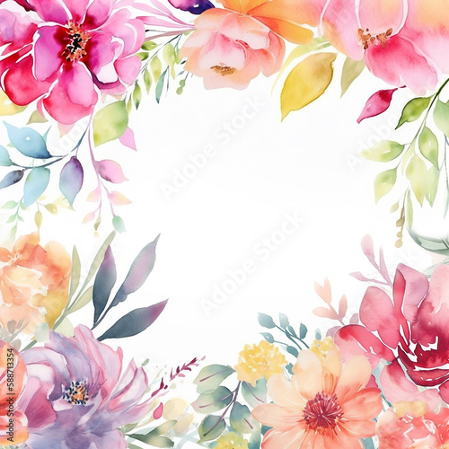 AI generated watercolor blank greeting card template beautiful flowers around. Generative AI.