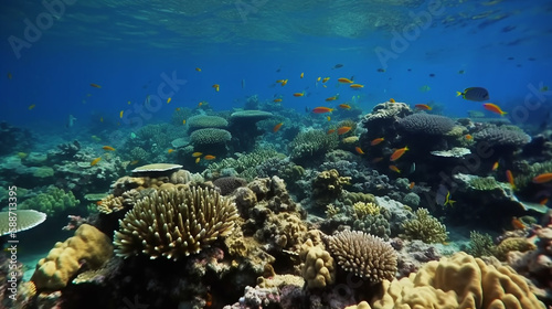 Wallpaper Mural Under Water Scene With Coral Reef And Exotic, Fishes tropical And Sunshine ,Generative AI, illustration Torontodigital.ca