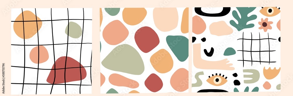 Fototapeta premium Set of three seamless patterns. Hand drawn various shapes and doodle objects. Abstract contemporary modern trendy illustration. Stamp texture. 