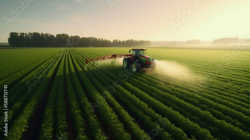 Tractor Spraying Pesticides on Green Soybean Plantation at Sunset. Generative AI