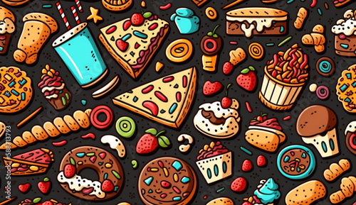 Cartoon cute doodles food seamless pattern Generative AI