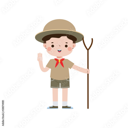 cute little Cute boy scout with Hiking Stick, Happy kid girl scout honor uniform summer camp cartoon flat character isolated vector illustration on white background