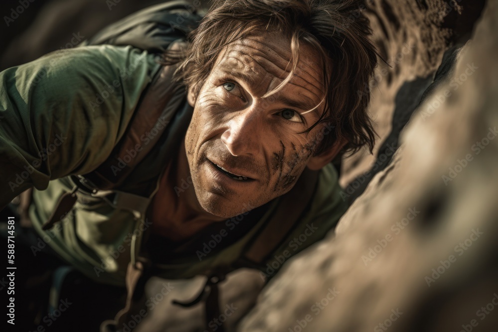 A stunning close-up portrait of a brave male climber scaling a steep rock face. Capturing the exhilaration, joy, difficulty and danger of the ascent. Created with generative A.I. technology. A stunning close-up portrait of a brave male climber scaling a steep rock face. Capturing the exhilaration, joy, difficulty and danger of the ascent. Created with generative A.I. technology.