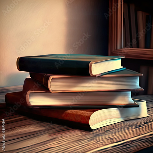 Foreground Of Study Room, Colorful Books On Wooden Table Against Mirrior. 3D Render.