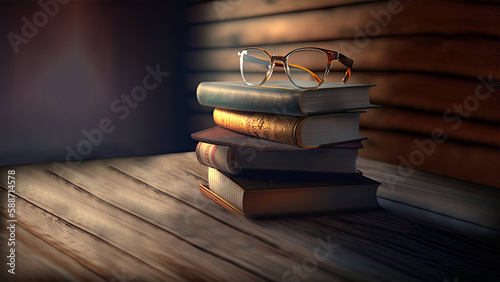 3D Render of Light Effect Brown Wooden Background With Eyeglasses And History Books.