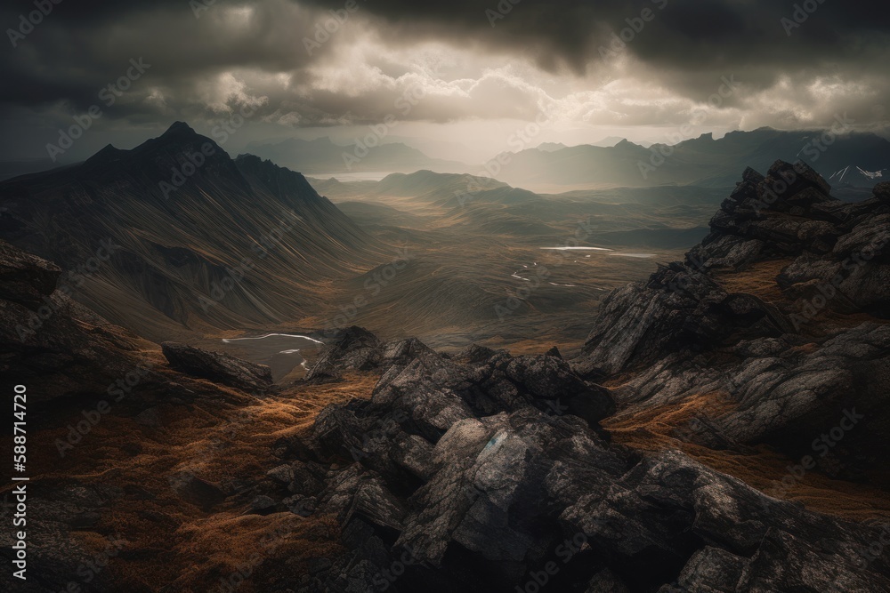 Experience the majesty of a rough and iced landscape through this epic image. Ice and volcanic rocks leads into a vast expanse of mountainous terrain. Created with generative A.I. technology.