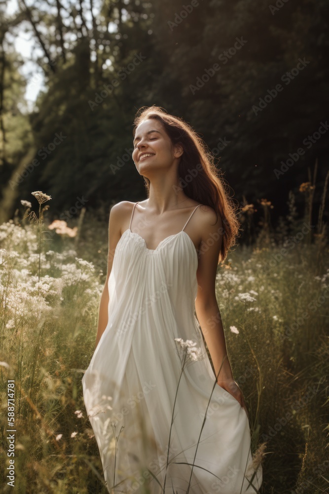 Portrait of a young woman in her twenties standing in a wild, overgrown meadow wearing a shoulder-free wedding dress, radiating joy and positive energy.