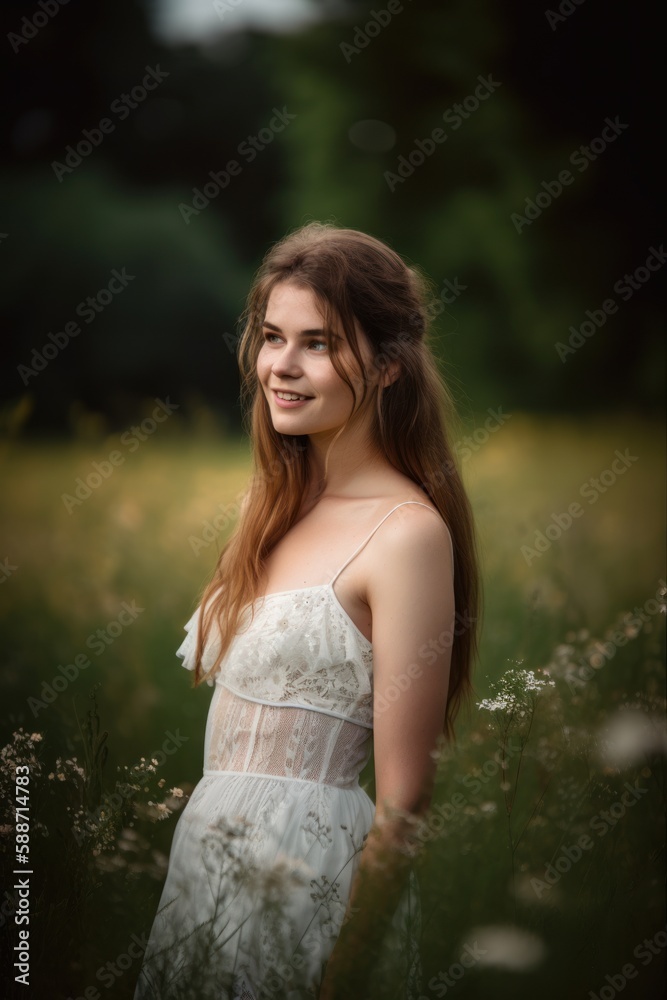 Portrait of a young woman in her twenties standing in a wild, overgrown meadow wearing a shoulder-free wedding dress, radiating joy and positive energy. Portrait of a young woman in her twenties standing in a wild, overgrown meadow wearing a shoulder-free wedding dress, radiating joy and positive energy.