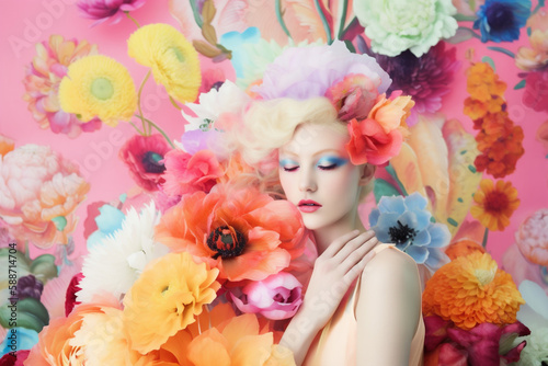 woman poster summer fashion portrait peony bouquet spring flower beauty art. Generative AI.
