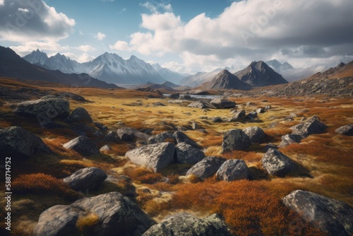Stunning beauty of the artificial Tundra landscape. Ice, snow, rocks, and sparse vegetation leading into a vast expanse of flat mountainous terrain. Created with generative A.I. technology.