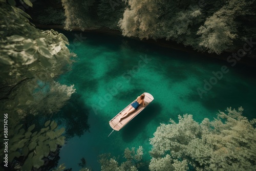 Breathtaking aerial photograph of a woman leisurely swimming on a raft in a crystal-clear lake surrounded by a dense forest of tall trees. Created with generative A.I. technology. © ahoi!