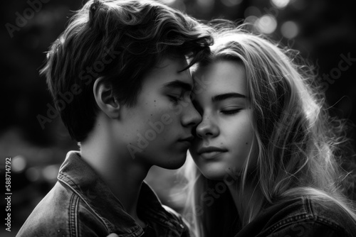 A poignant and magical moment between two young people as they discover their love for each other and share their first tender kiss. Created with generative A.I. technology.