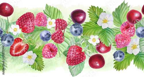 Fototapeta Naklejka Na Ścianę i Meble -  Watercolor seamless border with leaves and juicy berries