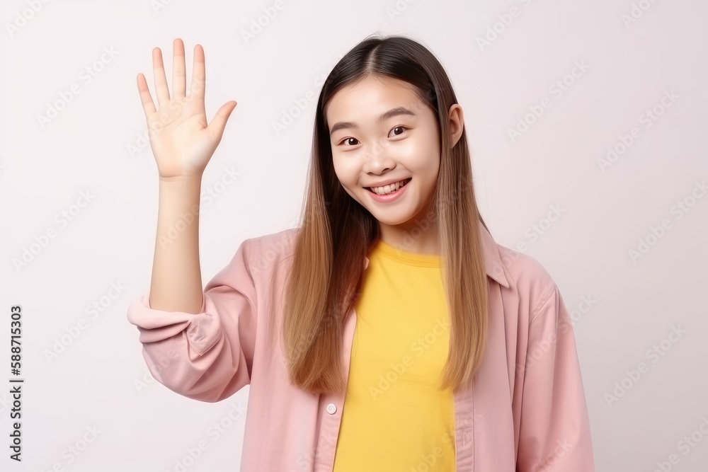portrait of a woman saying hi gesture or high five portrait of a woman saying hi gesture or high five