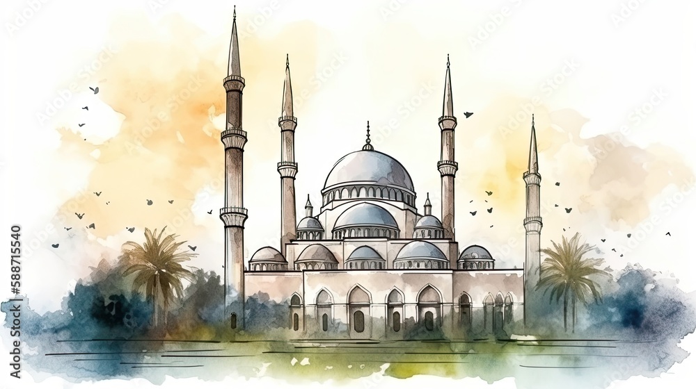 a picture of mosque architecture in watercolor style