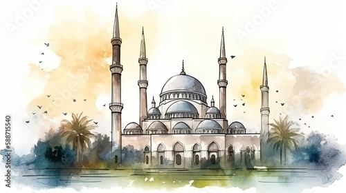 a picture of mosque architecture in watercolor style