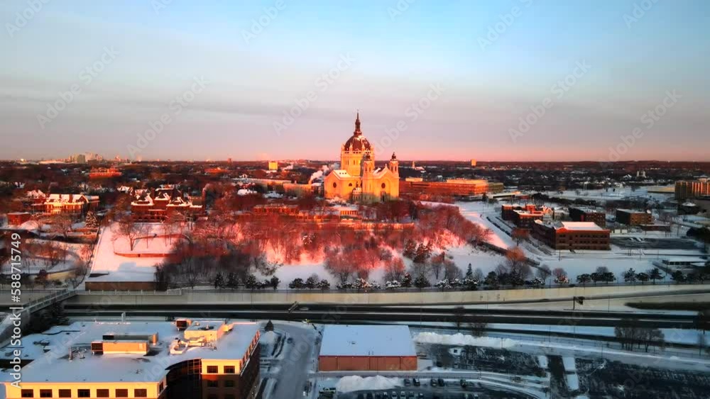Sightseeing View Of Saint Paul Of Cathedral In Distance At Saint Paul, Minnesota, United States. aerial