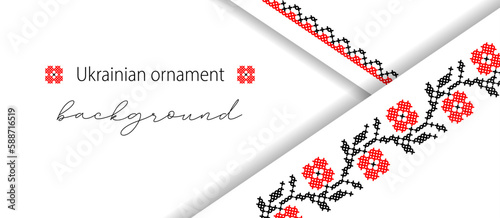 Ukrainian folk floral simple layered vector background, banner, poster. Minimalistic modern banner in red and black colors. Pixel art, vyshyvanka, cross stitch