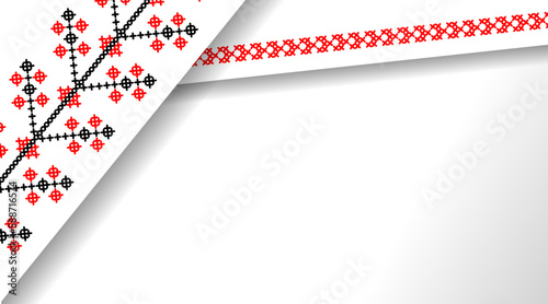 Ukrainian folk simple layered vector background, banner, poster. Minimalistic modern background in red and black colors. Pixel art, vyshyvanka, cross stitch