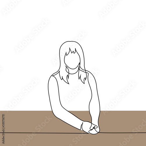 woman sits at the table with her palms together and looks at the viewer - one line drawing vector. concept student