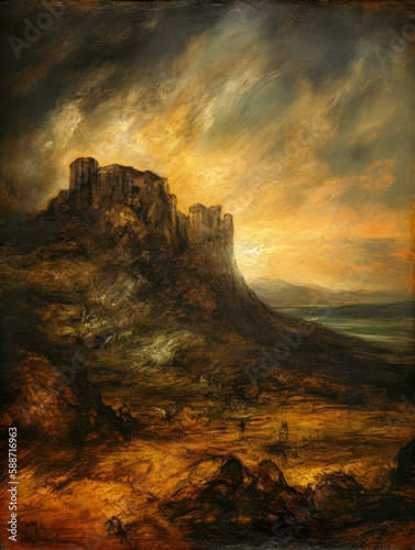 Renaissance Masters Painting Dark, Gloomy Clouds Illuminated with Volumetric Cinematic Lighting AI Generated

