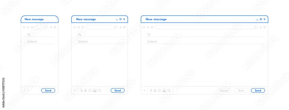 Email interface. Outline mail window template for mobile phone, tablet and computer. Internet new message frame, blank email. Modern line style vector illustration