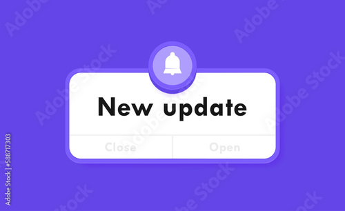 New update pop up box with notification bell. Banner design for reminder of new update for system software, web or app. Modern flat style vector illustration