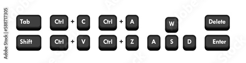 Different computer keyboard buttons combinations. Hotkeys combination such as copy, paste, selection, cancellation and delete. Vector illustration photo