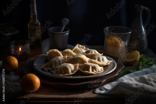 boiled dumplings on a black plate close-up on a wooden table. Home kitchen. Rustic style. generative AI