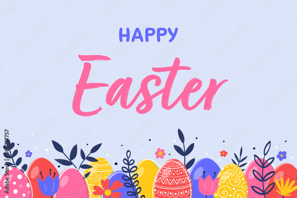 Easter greeting card with hand drawn eggs and flowers. Concept of Easter decoration. Vector illustration Easter greeting card with hand drawn eggs and flowers. Concept of Easter decoration. Vector illustration