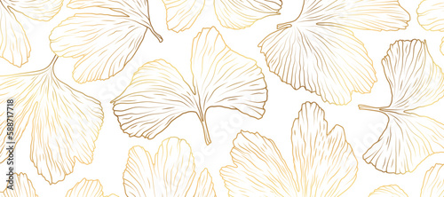 Golden Ginkgo Biloba leaves on white background. Luxury Floral art deco. Gold natural design for bunner, card, poster.