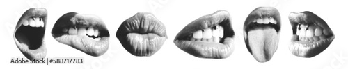 Set with halftone lips. Female lips with tongue and piercing.Trendy vector  pieces. Modern forms for card, print on clothes. Creative collage.