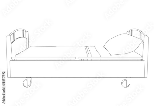 Outline of a hospital bed from black lines isolated on a white background. Side view. Vector illustration.