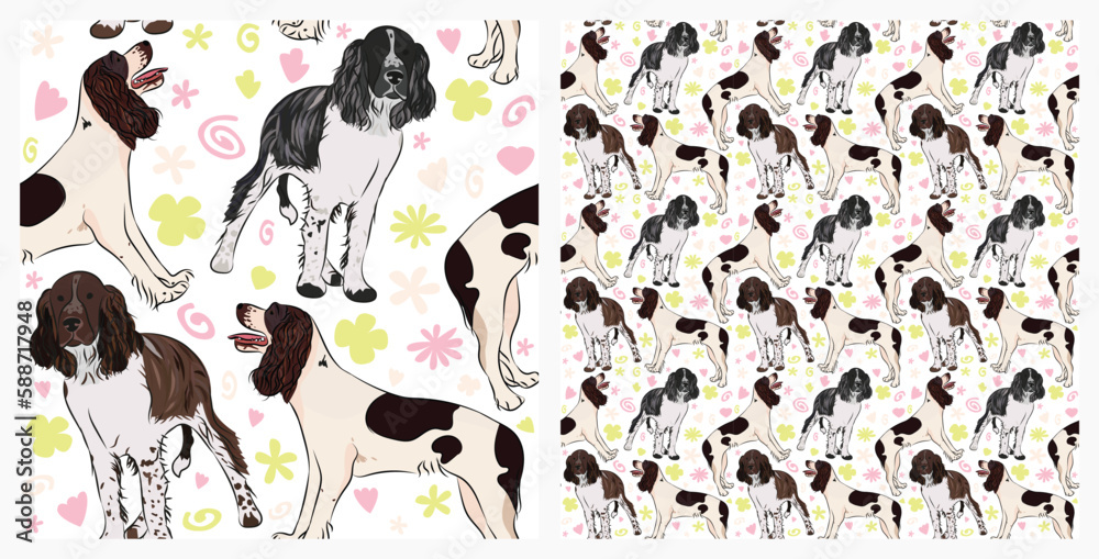 Spring pattern with spirals, leaf, flowers, Springer Spaniel dogs. Pastel colors. Elegant, soft seamless background, abstract summer pattern with hand-drawn colorful shapes. Delicate, gender-neutral.