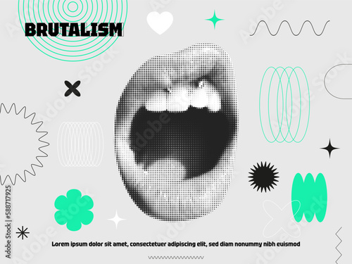 Contemporary art collage with female open mouth. Female halftone lips with tongue and piercing. Trendy vector pieces. Creative collage in Y2K style for social media, card, print on clothes. 