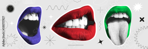 Contemporary art collage with female open mouth. Female halftone lips with tongue and piercing. Trendy vector pieces. Creative collage in Y2K style for social media, card, print on clothes. 