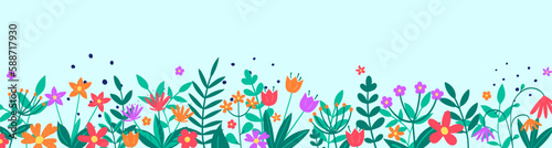 Fototapeta Naklejka Na Ścianę i Meble -  Spring background. Floral banner with colourful blooming flower and leaves. Panoramic header. Vector illustration