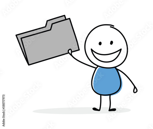 Hand drawn folder symbol. Funny concept with a stickman holding icon. Cartoon style design. Vector illustration