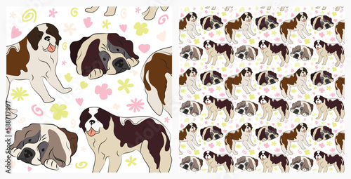 Spring pattern with spirals, leaf, flowers, St Bernard dogs. Pastel colors. Elegant, soft seamless background, abstract summer pattern with hand-drawn colorful shapes. Delicate, gender-neutral,child's