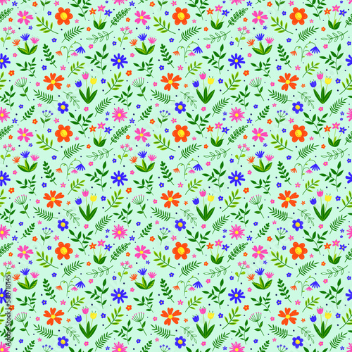 Floral seamless pattern. Spring background with colourful hand drawn flowers and leaves. Vector illustration