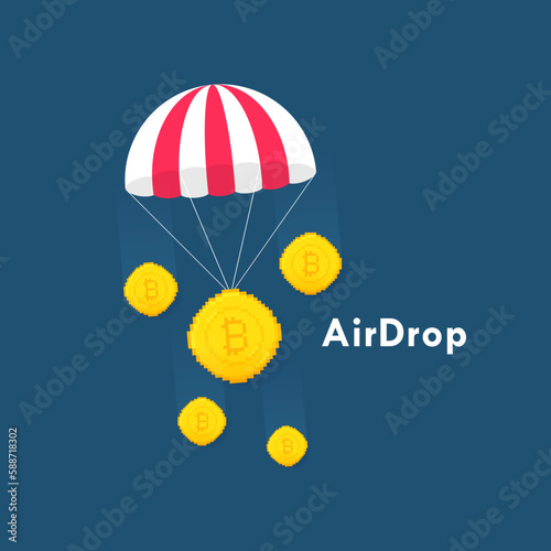 Crypto airdrop with parachute and coin. Concept of giveaway and promotion crypto coins and NFT. Vector illustration