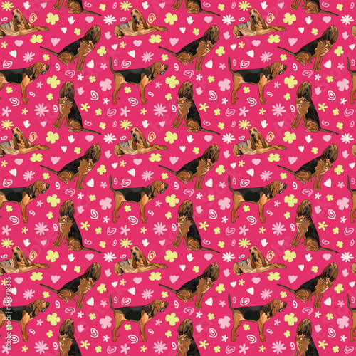 Spring pattern with spirals, leaf, flowers, 
Bloodhound dogs. Pastel colors. Elegant, soft seamless background, abstract summer pattern with hand-drawn colorful shapes. Delicate, gender-neutral, child