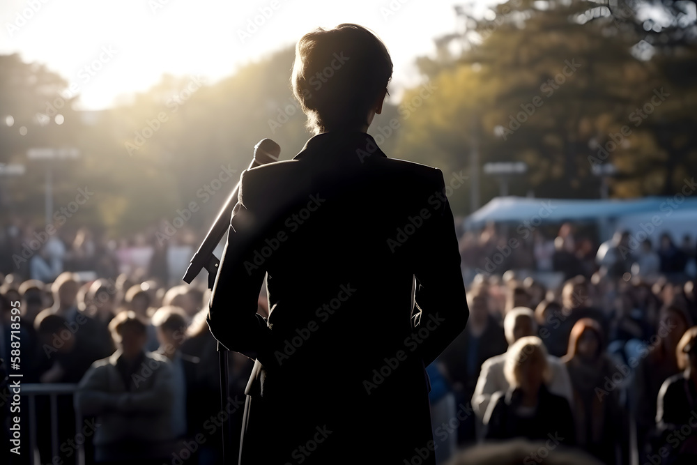 Back view of female politician in black suit standing on stage facing an audience of hundreds. generated AI - obrazy, fototapety, plakaty 