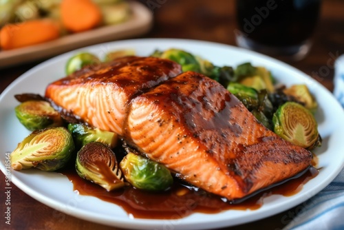 Grilled salmon fillet with vegetables and sauce. generative AI